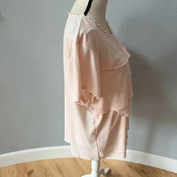 Karl Lagerfeld Paris Tiered Short Sleeve Soft Pink Layered Blouse - Picture 6 of 13